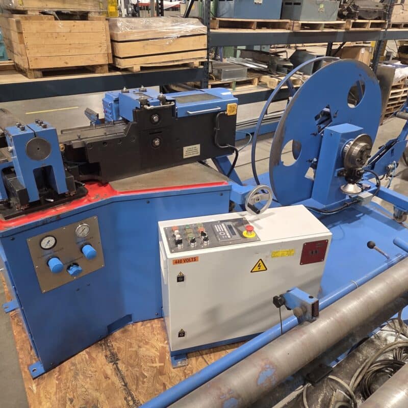 Spiral Helix X-20 Spiral Tubeformer 20ga. Capacity w/ Vertical Decoiler, Rollformer Dies, 10′ Runout Table. Diameter Tooling Additional.