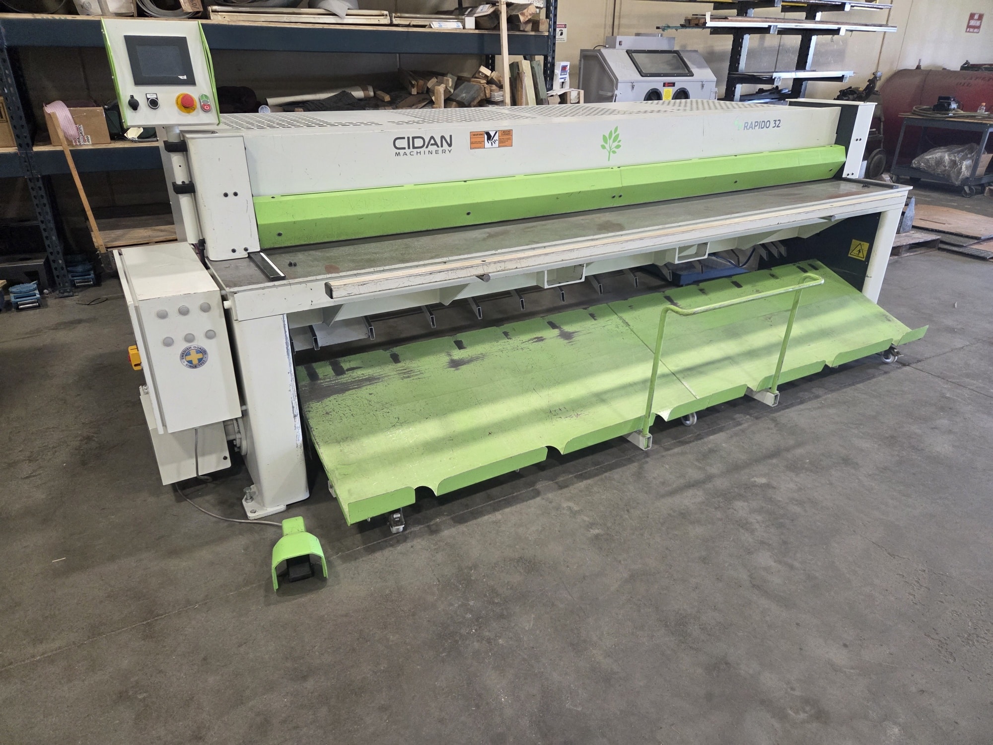 Cidan Shear Model Rapido 32 (126″ x 13ga.) Year 2021 Comes w/ 30″ Power Back Gauge, Front Return Package Consisting Of Front Drop Cart, Rear Material Sheet Supports, Wired 230V/3ph.